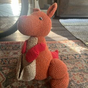 Homemade Crochet Orange Kangaroo Stuffed Animal with Front Pocket
